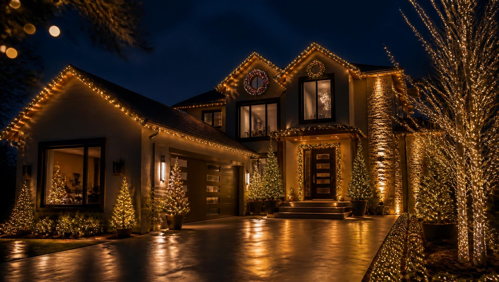 Modern home glowing with holiday lights at dusk
